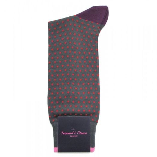 Seaward & Stearn Cotton Socks - Dots - Grey with Red