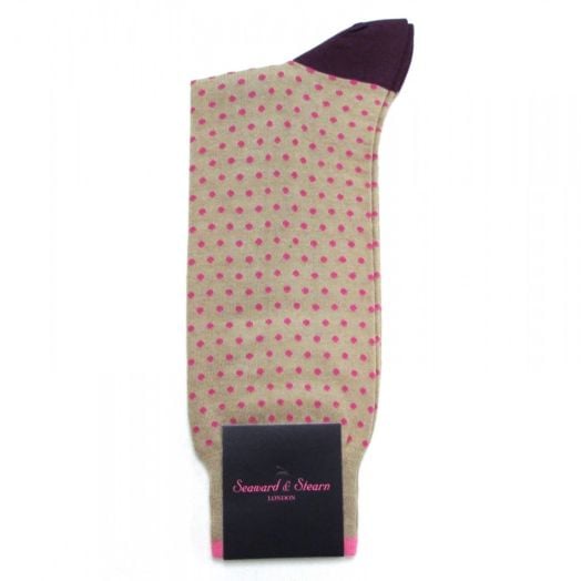 Seaward & Stearn Cotton Socks - Dots - Tan with Pink
