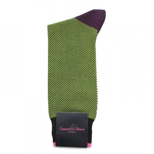 Seaward & Stearn Cotton Socks - Herringbone - Lime & Purple