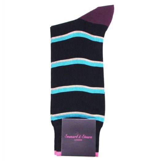 Seaward & Stearn Cotton Socks - Stripes - Dark Navy