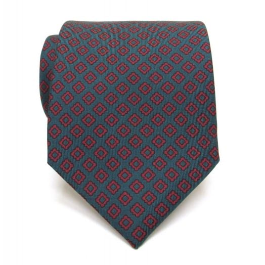 Seaward & Stearn English Printed Madder Tie - Diamonds - Forest with Red (87173)