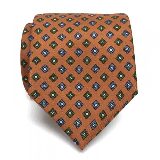 Seaward & Stearn English Printed Silk Tie - Diamond Medallions - Bronze, Olive & Blue (91617)