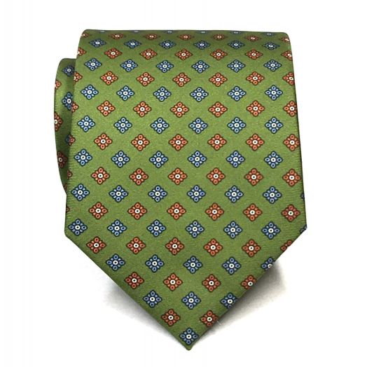 Seaward & Stearn English Printed Silk Tie - Diamond Medallions - Olive with Blue & Orange (91615)