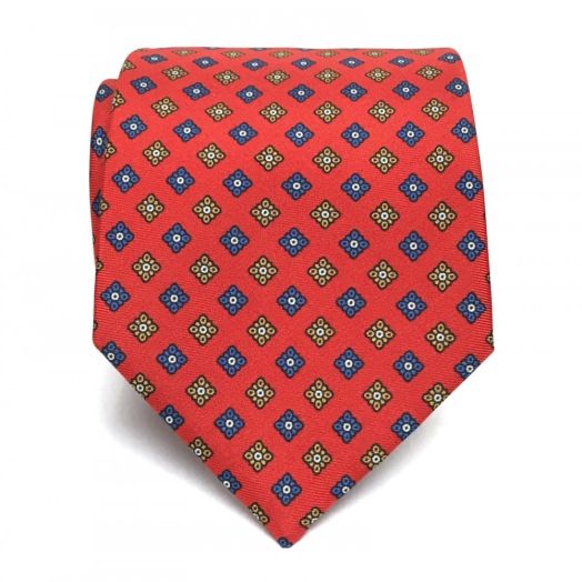 Seaward & Stearn English Printed Silk Tie - Diamond Medallions - Red, Blue & Gold (91616)