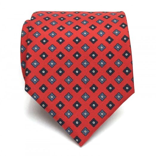 Seaward & Stearn English Printed Silk Tie - Diamond Medallions - Red, Navy & Blue (91618)