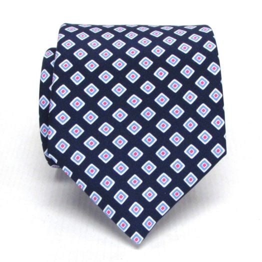 Seaward & Stearn English Printed Silk Tie - Diamond Neat - Navy with Hot Pink & Aqua (76605)