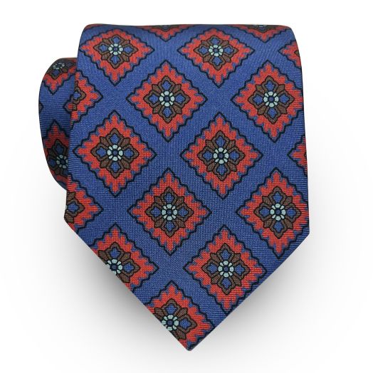 Seaward & Stearn English Printed Silk Tie - Large Diamond - Blue with Red (105026)