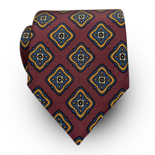 Seaward & Stearn English Printed Silk Tie - Large Diamond - Burgundy with Blue & Gold (105019)