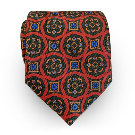 Seaward & Stearn English Printed Silk Tie - Large Medalions - Red with Green (79861)