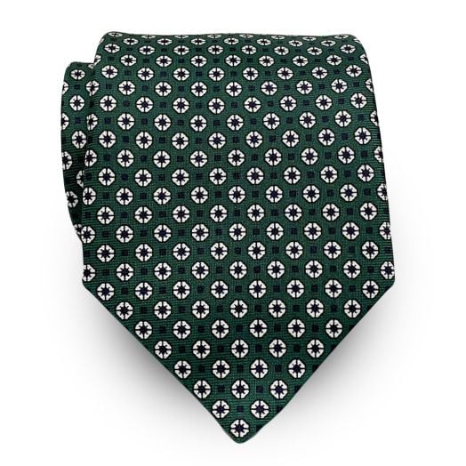 Seaward & Stearn English Printed Silk Tie - Neat - Green, Navy & White (108725)