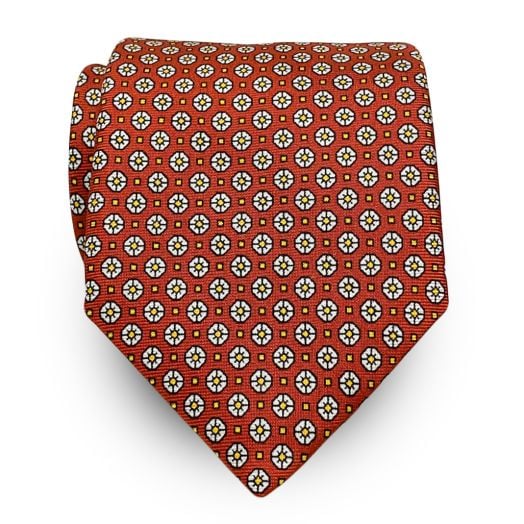 Seaward & Stearn English Printed Silk Tie - Neat - Red, Gold & White (108726)