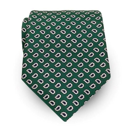 Seaward & Stearn English Printed Silk Tie - Pines - Green with White & Navy (108689)