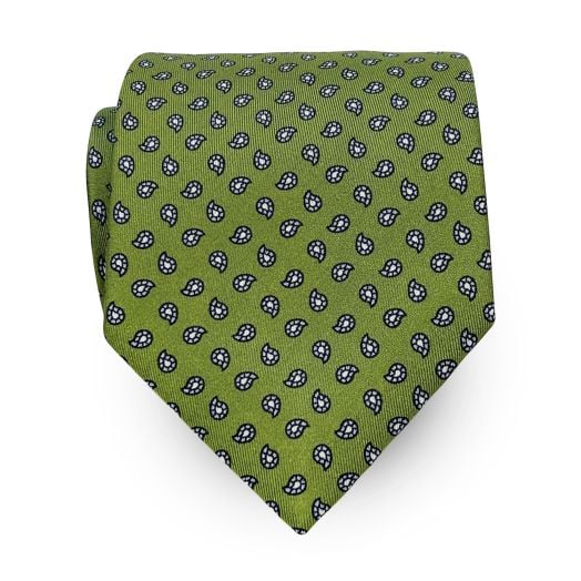 Seaward & Stearn English Printed Silk Tie - Teardrops - Olive Blue White (91638)