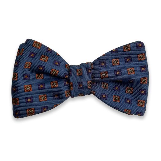 Seaward & Stearn English Silk Bow Tie - Print - Medallions - Blue with Rust (104342)
