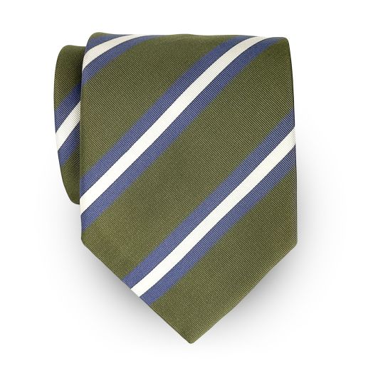Seaward & Stearn English Silk & Cotton Mogador Tie - Olive with Blue & White (118934)