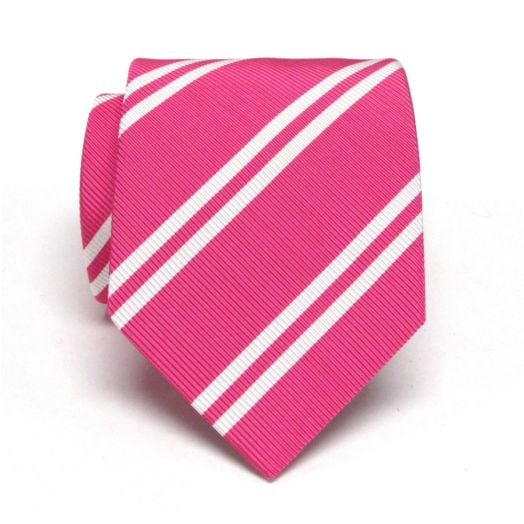 Seaward & Stearn English Silk & Cotton Mogador Tie - Pink with White Double Bar (81351)