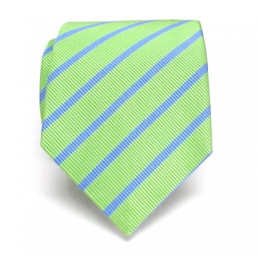 Seaward & Stearn English Silk & Cotton Mogador Twill Tie - Lime with Sky Bar Stripe (84939)