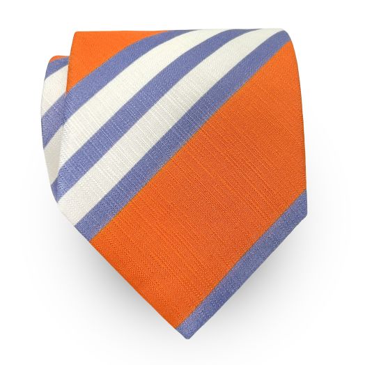 Seaward & Stearn English Silk & Linen Tie - Triple Bar - Orange with Sky & White (110893)