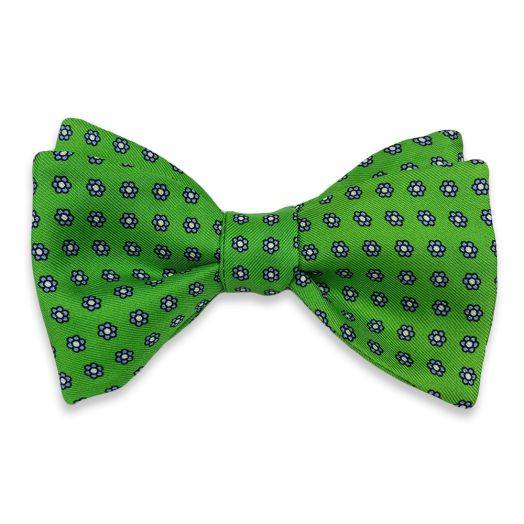 Seaward & Stearn English Silk Print Bow Tie - Small Medallion - Green with Blue & White (115650)