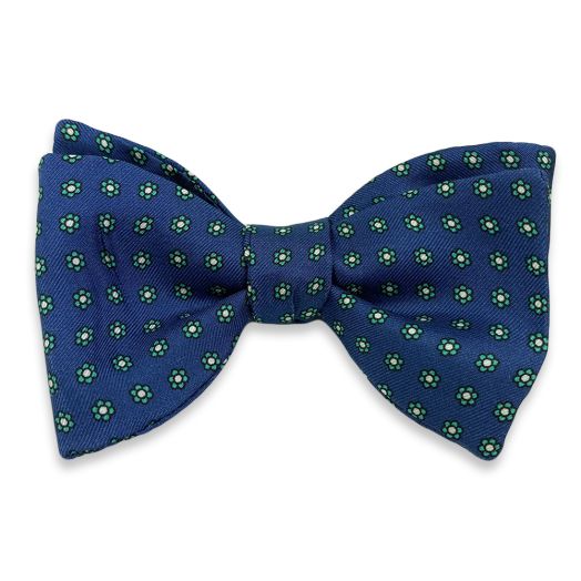 Seaward & Stearn English Silk Print Bow Tie - Small Medallion - Navy with Green & White (115652)