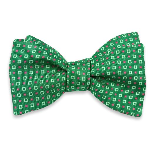 Seaward & Stearn English Silk Print Bow Tie - Small Neat - Green with Pink & White (115659)
