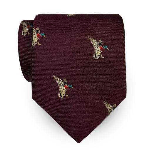 Seaward & Stearn English Woven Silk Club Tie - Burgundy - Landing Ducks (84999)