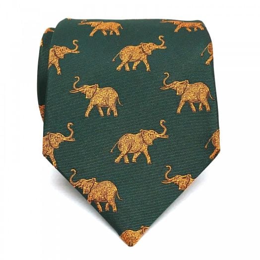 Seaward & Stearn English Woven Silk Club Tie - Elephant - Gold on Green (91581)
