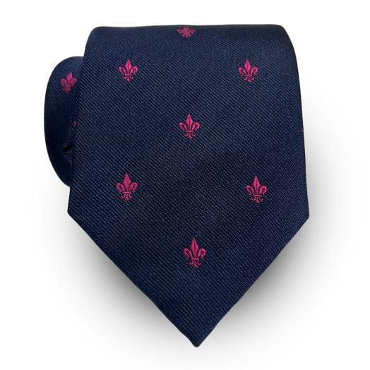 Seaward & Stearn English Woven Silk Club Tie - Fleur-De-Lis - Navy with Fuchsia (104174)