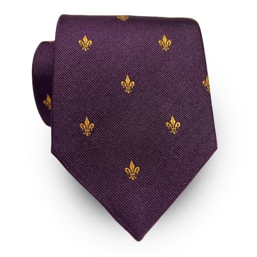 Seaward & Stearn English Woven Silk Club Tie - Fleur-De-Lis - Purple with Gold (104172) Extra Long