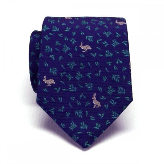 Seaward & Stearn English Woven Silk Club Tie - Hares & Holly - Navy (68864)