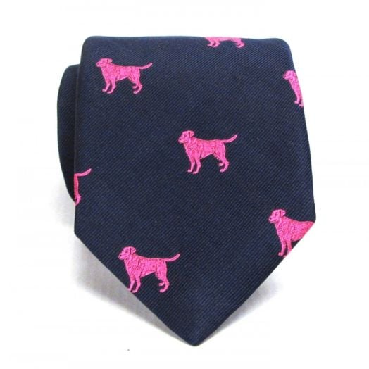Seaward & Stearn English Woven Silk Club Tie - Labs - Navy with Fuchsia (73704)