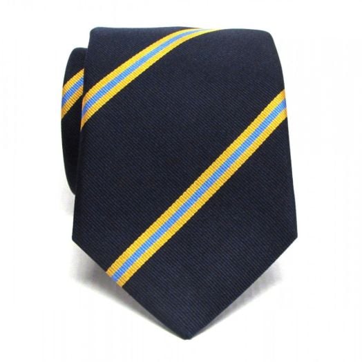 Seaward & Stearn English Woven Silk Tie - Bidwell Stripe - Oxford Blue with Brass & Bluebird (73454)
