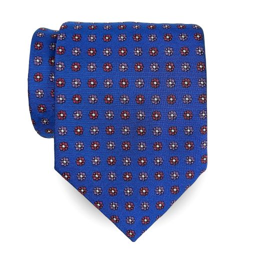 Seaward & Stearn English Woven Silk Tie - Medallion - Blue with Pink & Red (113472)