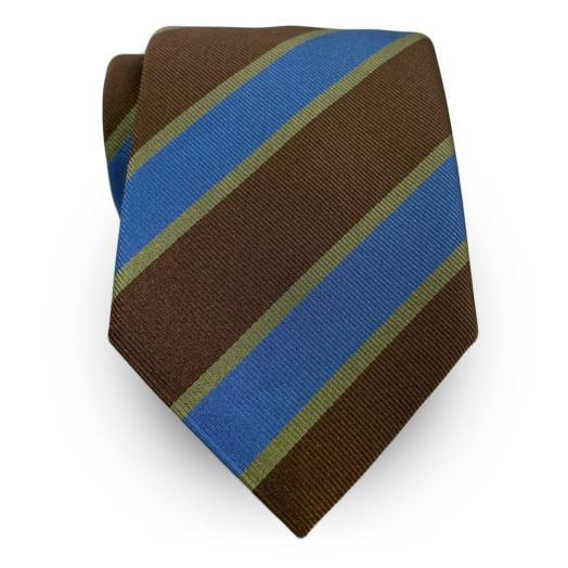 Seaward & Stearn English Woven Silk Tie - Thick Stripe - Brown, Baltic Blue & Olive (115902)