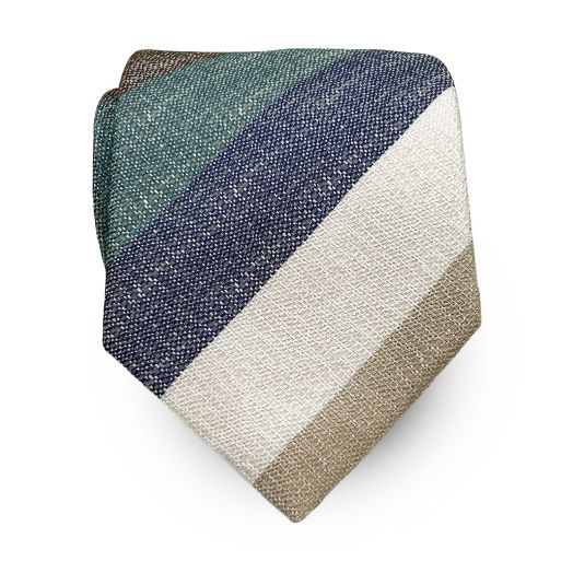 Seaward & Stearn English Woven Tussah Silk Tie - Stripe - Blue, Green, Tan & White (110886)