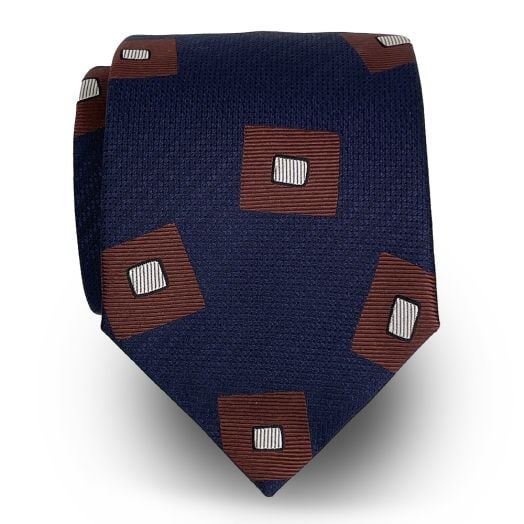 Seaward & Stearn English Woven Tussah Silk Tie - Tossed Squares - Navy & Brown (116761)