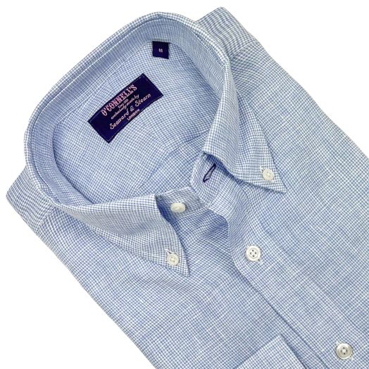 Seaward & Stearn Long Sleeve Linen Sport Shirt - Mini Houndstooth - Light Blue