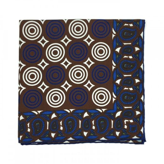 Seaward & Stearn Printed Silk Pocket Square - Brown & Cobalt (87181)