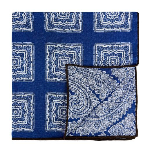 Seaward & Stearn Reversible Silk Pocket Square - Paisley & Medallion - Blue White (118913)