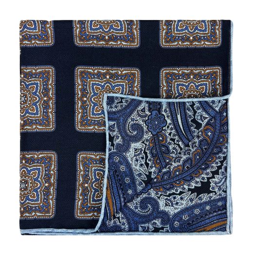 Seaward & Stearn Reversible Silk Pocket Square - Paisley & Medallion - Navy Vicuna (118912)