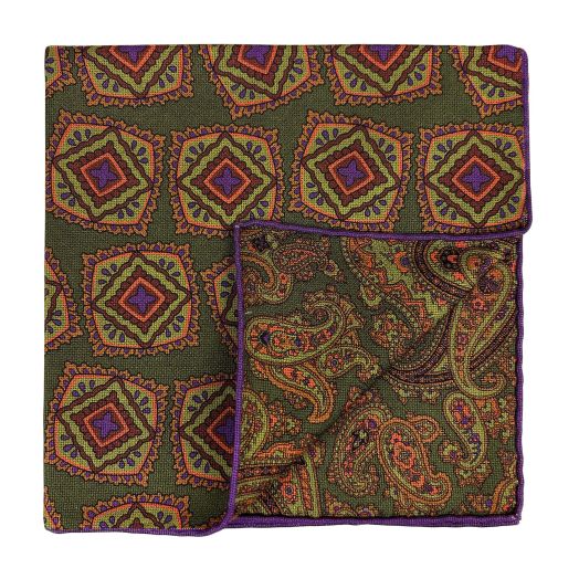 Seaward & Stearn Reversible Silk Pocket Square - Paisley & Medallion - Olive (117592)