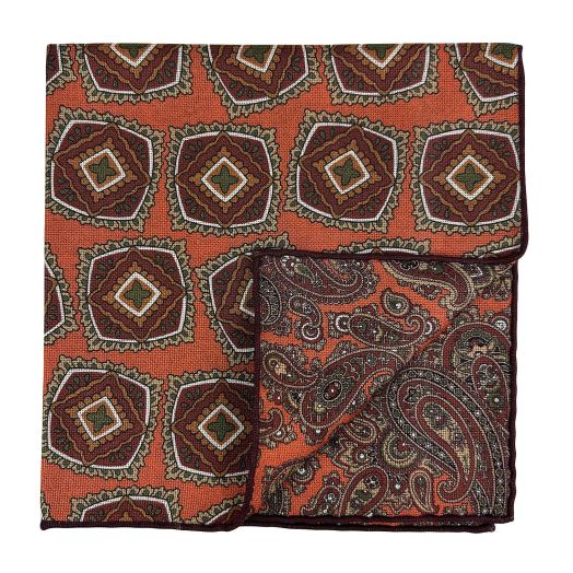 Seaward & Stearn Reversible Silk Pocket Square - Paisley & Medallion - Orange (117593)