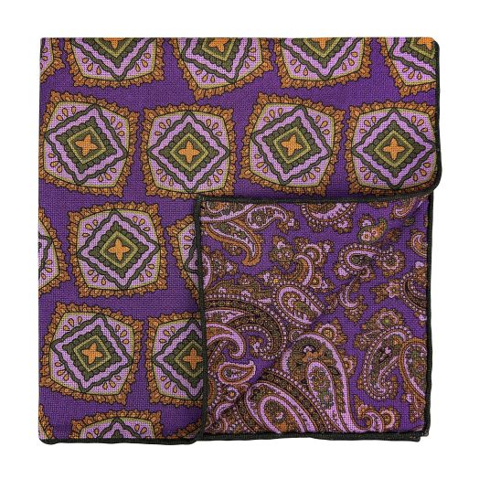 Seaward & Stearn Reversible Silk Pocket Square - Paisley & Medallion - Purple (117591)