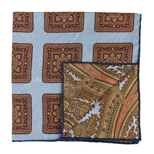Seaward & Stearn Reversible Silk Pocket Square - Paisley & Medallion - Sky Brown (118911)