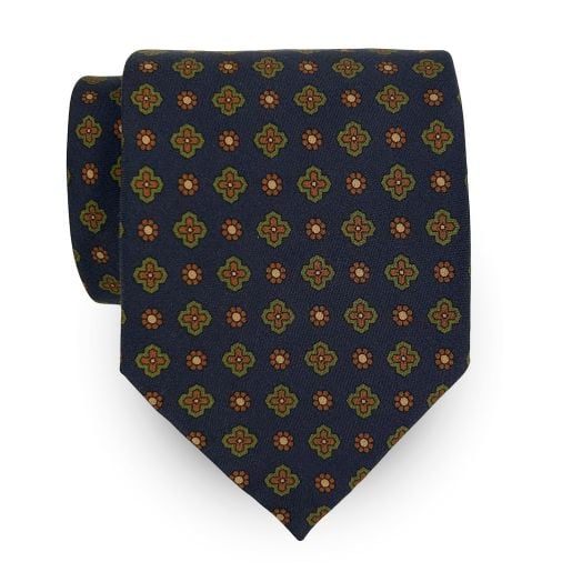 Seaward & Stearn Silk Ancient Madder Tie - Neat - Navy with Tan & Green (113427)