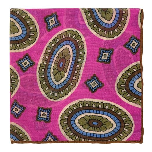 Seaward & Stearn Wool & Silk Pocket Square - Retro Ovals - Fuchsia, Olive & Brown (121036)