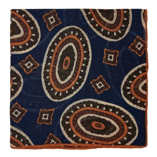 Seaward & Stearn Wool & Silk Pocket Square - Retro Ovals - Navy, Gold & Brown (121035)