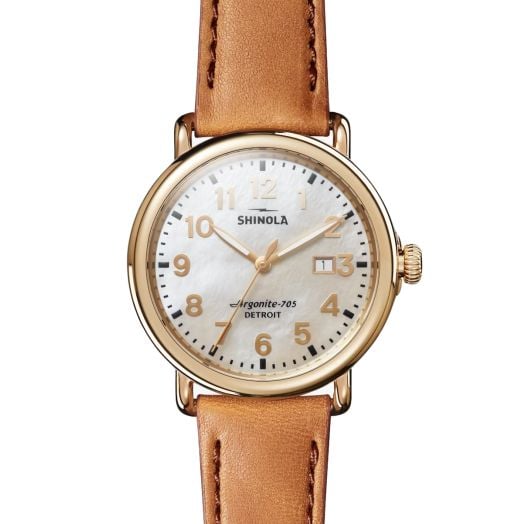 Shinola Runwell 41mm Watch - Mother of Pearl with Bourbon Strap