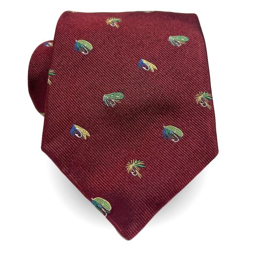 Atkinson's Silk Club Tie - Fishing Flies on Dark Red (39006)