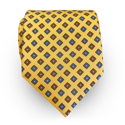 Seaward & Stearn English Printed Silk Tie - Diamond Medallions - Yellow with Blue & Gold (115382)